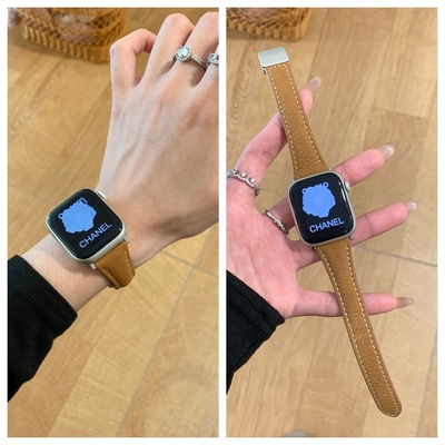 适用苹果Applewatch手表带荔枝纹折叠磁吸扣iwatchs10皮革表带SE