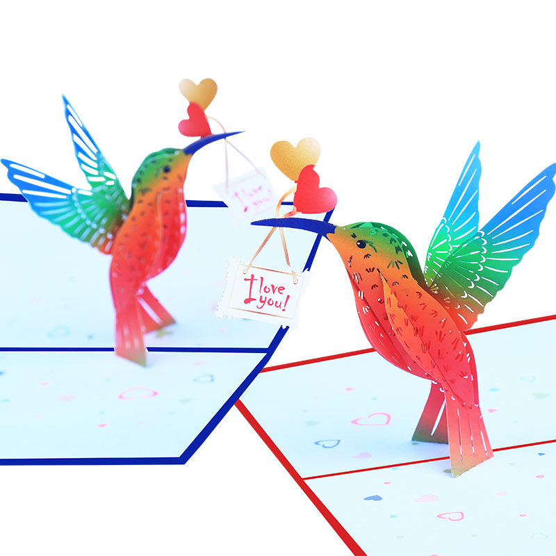 包邮新年卡通蜂鸟动物樱花贺卡立体3D手工儿童生日圣诞节日卡礼物