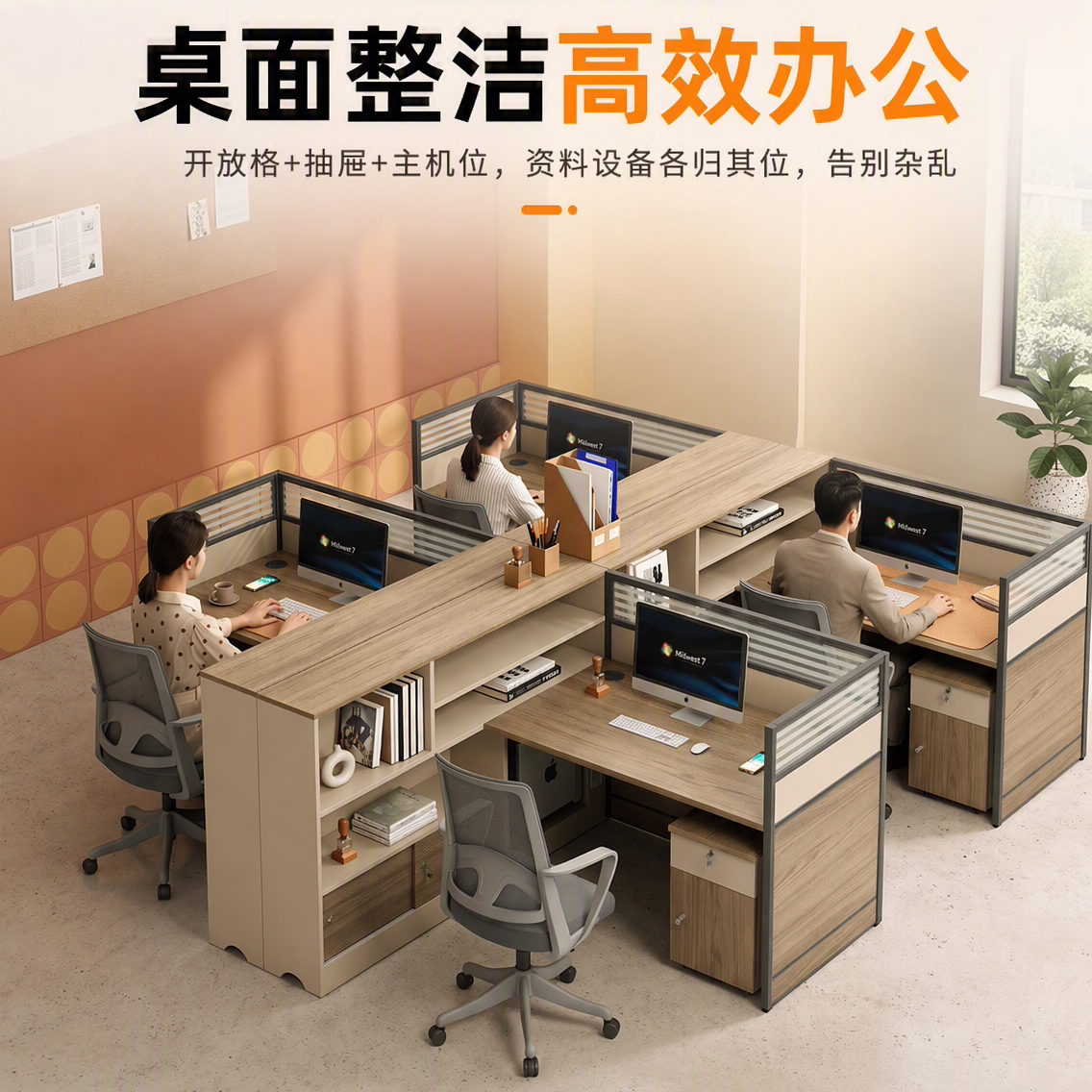 分区储物桌面整洁工位桌隔断四人工位办公室卡座办公桌四人位组合