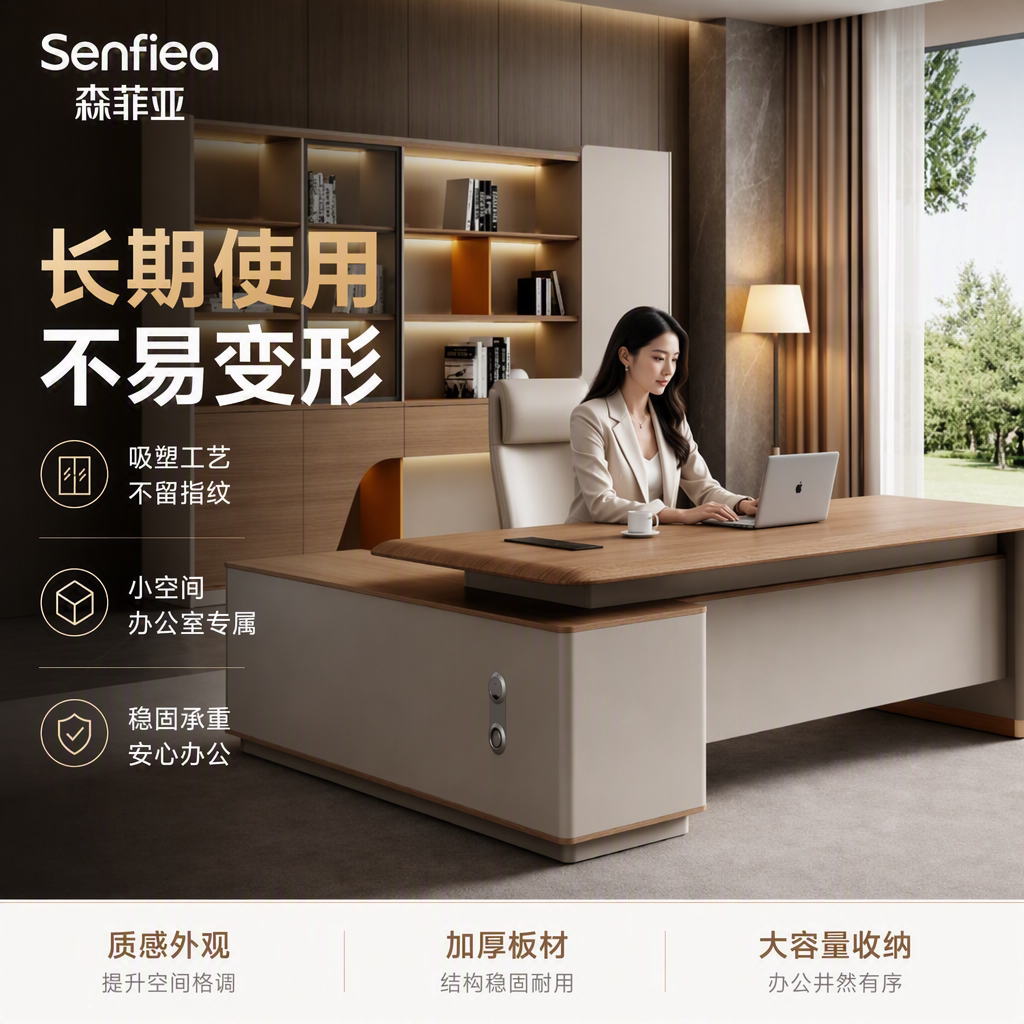 森菲亚轻奢奶油风总裁老板办公桌图片
