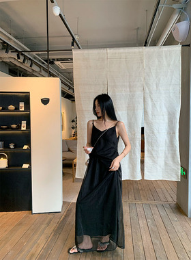 HEBEN MODE 高端线香云纱 珠珠吊带背心+松紧高腰褶皱半身裙