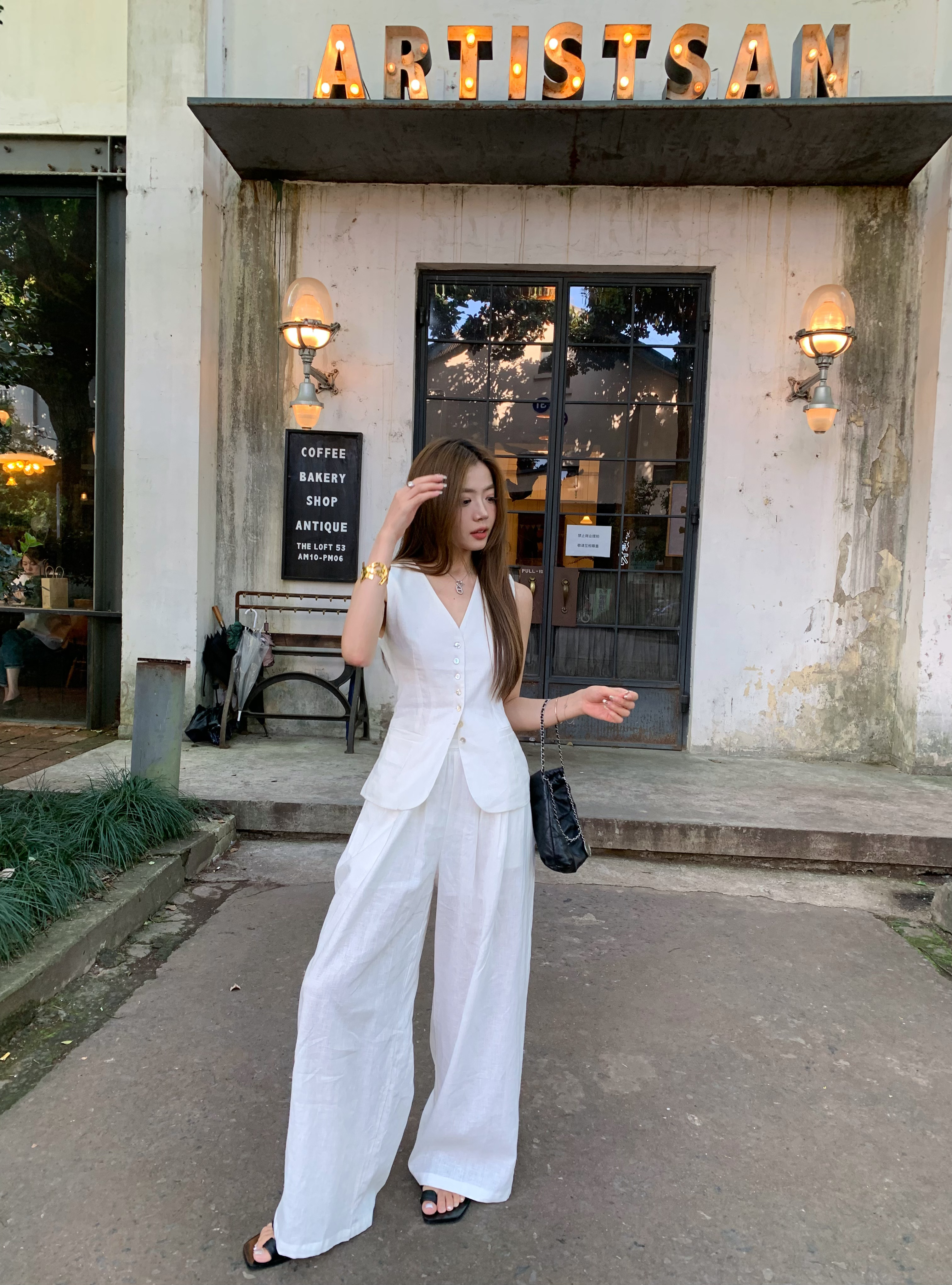 HEBEN MODE 极简老钱 白色苎麻西装马甲上衣女夏季宽松阔腿裤套装