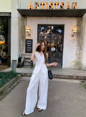 HEBEN MODE 极简老钱 白色苎麻西装马甲上衣女夏季宽松阔腿裤套装