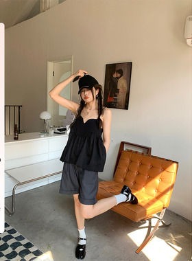 HEBEN MODE '低调千金'黑色绸缎拼接短款吊带背心女V领外穿上衣秋