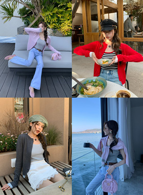 HEBEN MODE 春日舒芙蕾 韩系丝光羊毛圆领针织开衫撞色吊带套装