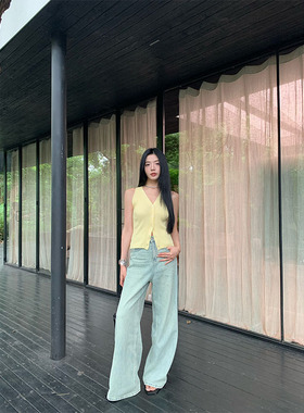 HEBEN MODE 不好腿型的天菜 灰绿色水洗宽松全棉直筒拖地牛仔裤