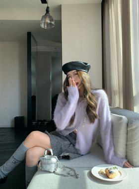 HEBEN MODE 春日特调 慵懒温柔风软糯羊驼毛毛衣短款针织开衫