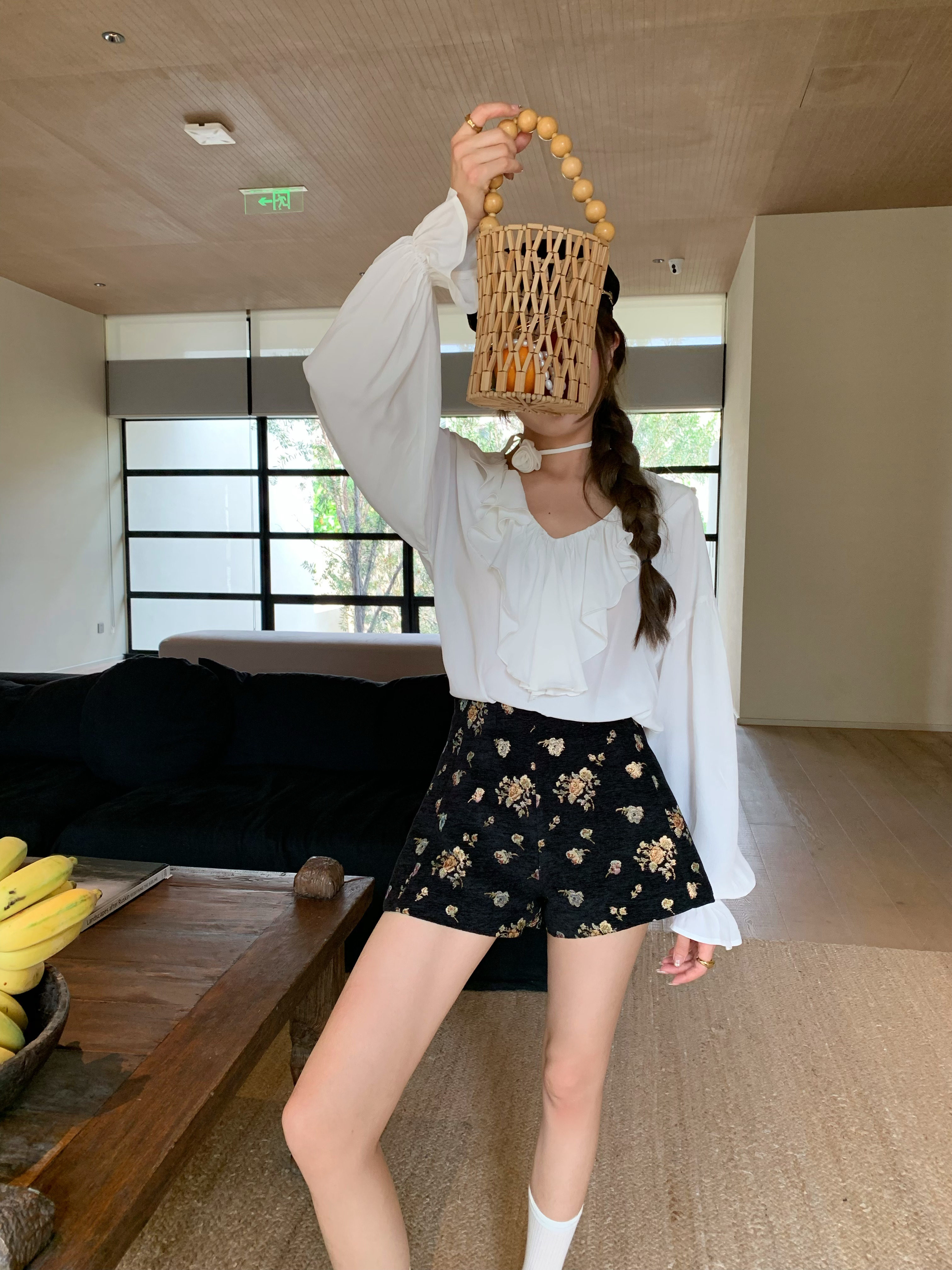 HEBEN MODE 繁花礼赞 复古高腰花朵休闲短裤女夏百搭显瘦阔腿热裤