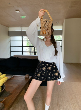 HEBEN MODE 繁花礼赞 复古高腰花朵休闲短裤女夏百搭显瘦阔腿热裤