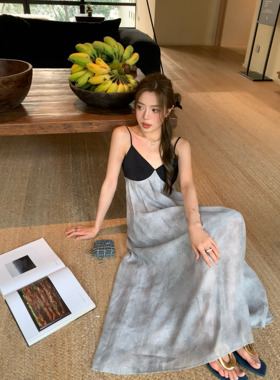 HEBEN MODE 烟雾缭绕 国风撞色拼接吊带连衣裙女夏扎染印花长裙