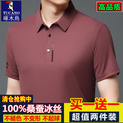 啄木鸟100%短袖桑蚕冰丝T恤男士