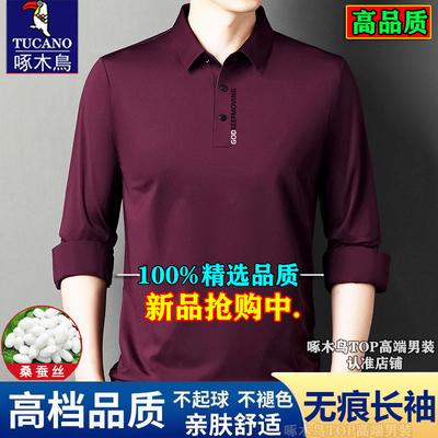 啄木鸟新款100%长袖t恤男士桑蚕