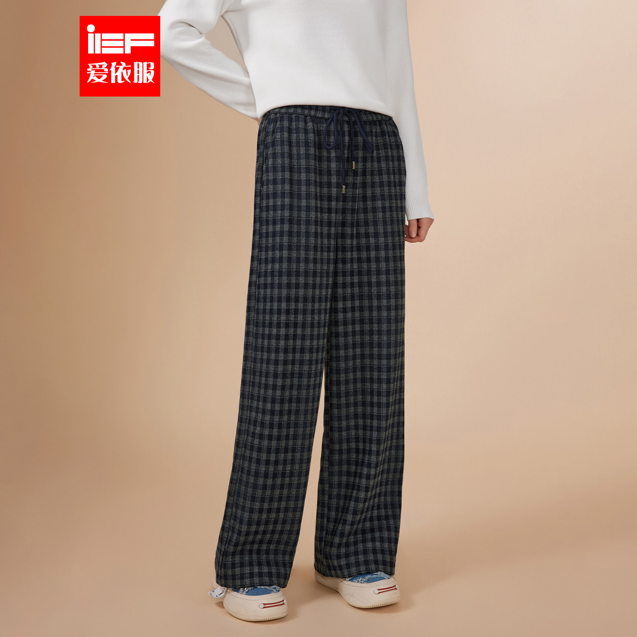 IEF/爱依服裤子2025冬季新款韩版休闲运动风加绒保暖格子阔腿裤