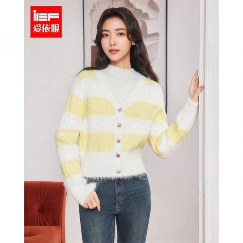 IEF/爱依服2025秋冬新款法式温柔小女人气质V领条纹毛织外套上衣