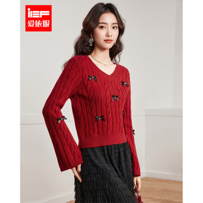 IEF/爱依服2025年冬季红色蝴蝶结甜美风毛衣女时尚V领喇叭袖线衫