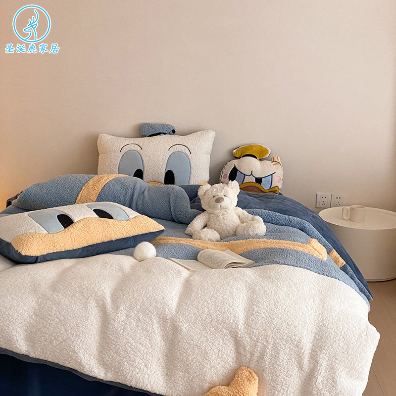 卡通儿童男孩牛奶绒四件套羊羔绒唐老鸭被套宿舍1.2m床笠款三件套