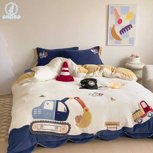 儿童男孩加厚牛奶绒四件套冬季