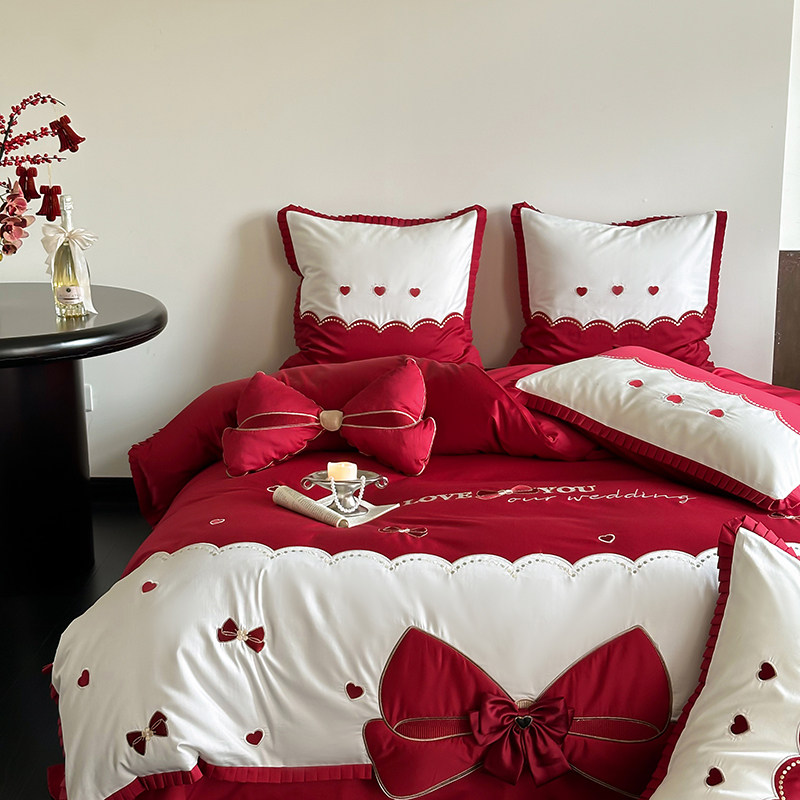 高端法式少女心100支全棉长绒棉四件套蝴蝶结红色被套1.8床上用品