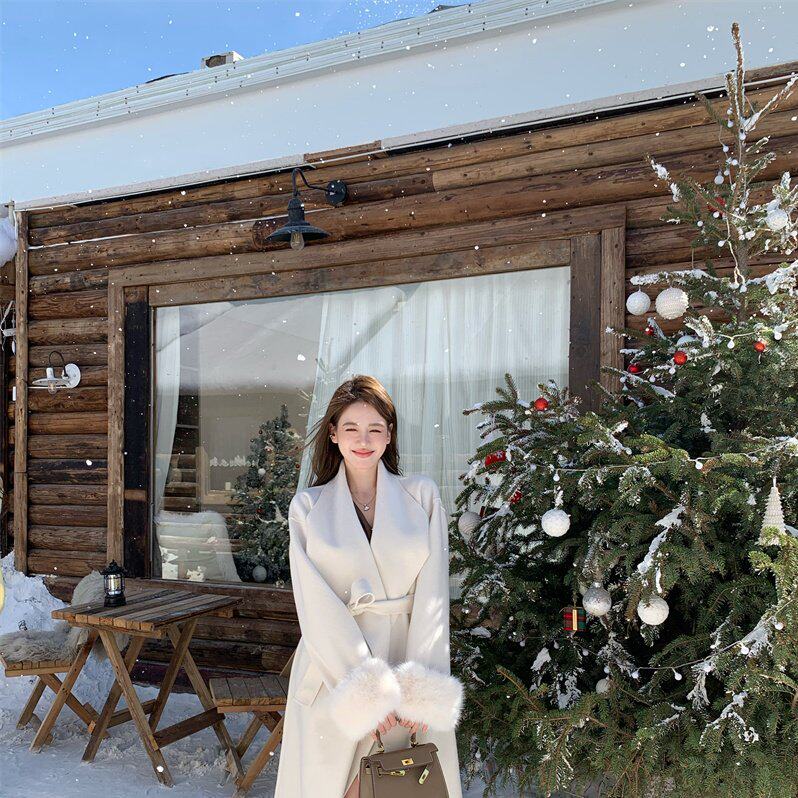 实价实拍~白色西装领毛呢外套秋冬高级感收腰绑带中长款呢子大衣