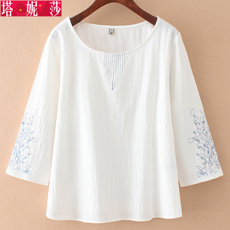 大码女装春装遮肉t恤绣花打底t恤