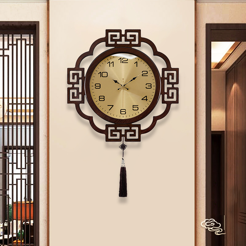 木质新中式圆形静音挂钟