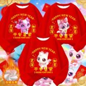 愿望喵喵儿童红色卫衣新年款 儿童女童加绒过年衣服2026马年拜年服
