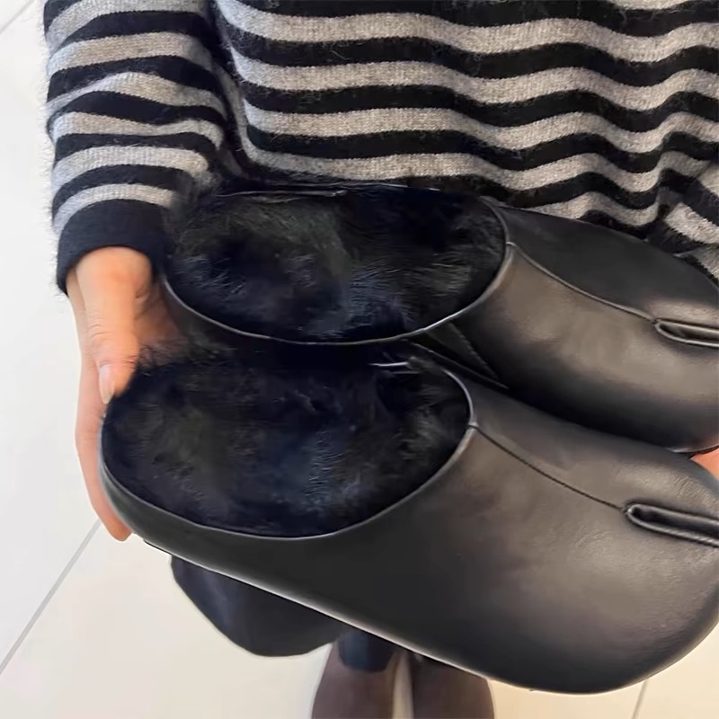 牛皮版~新款分趾包头加绒半拖鞋毛毛鞋真皮厚底休闲保暖勃肯鞋女