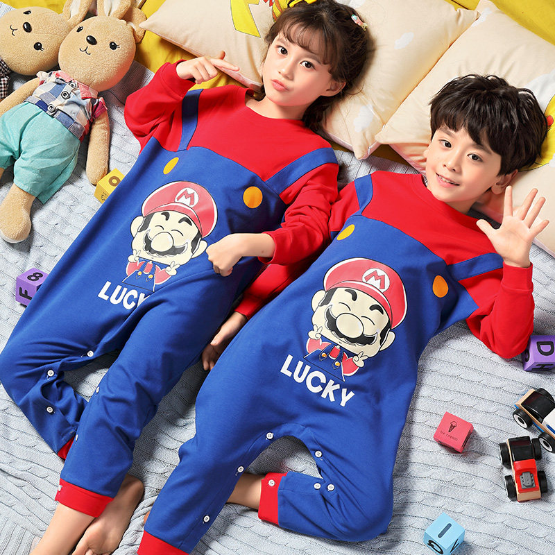 春秋季儿童连体睡衣纯棉长袖男童恐龙小男孩防踢卡通女孩夏家居服