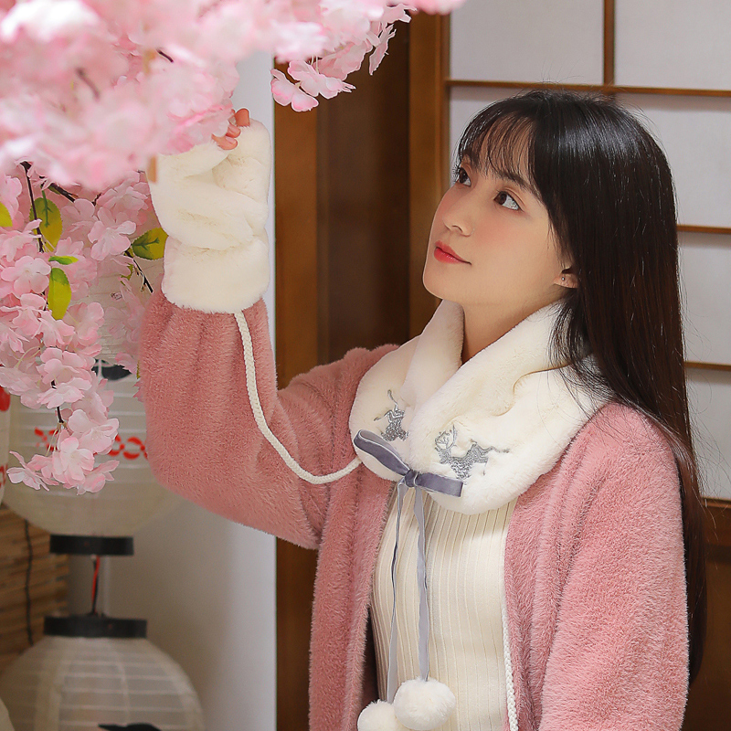 围巾女冬季韩版卡通学生百搭少女日系手套两件套带礼盒装毛毛毛绒