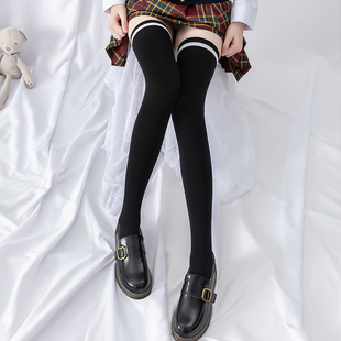 朵芙妍春秋季 加长长筒过膝袜子女微压显瘦横杠条纹大腿袜黑色JK袜