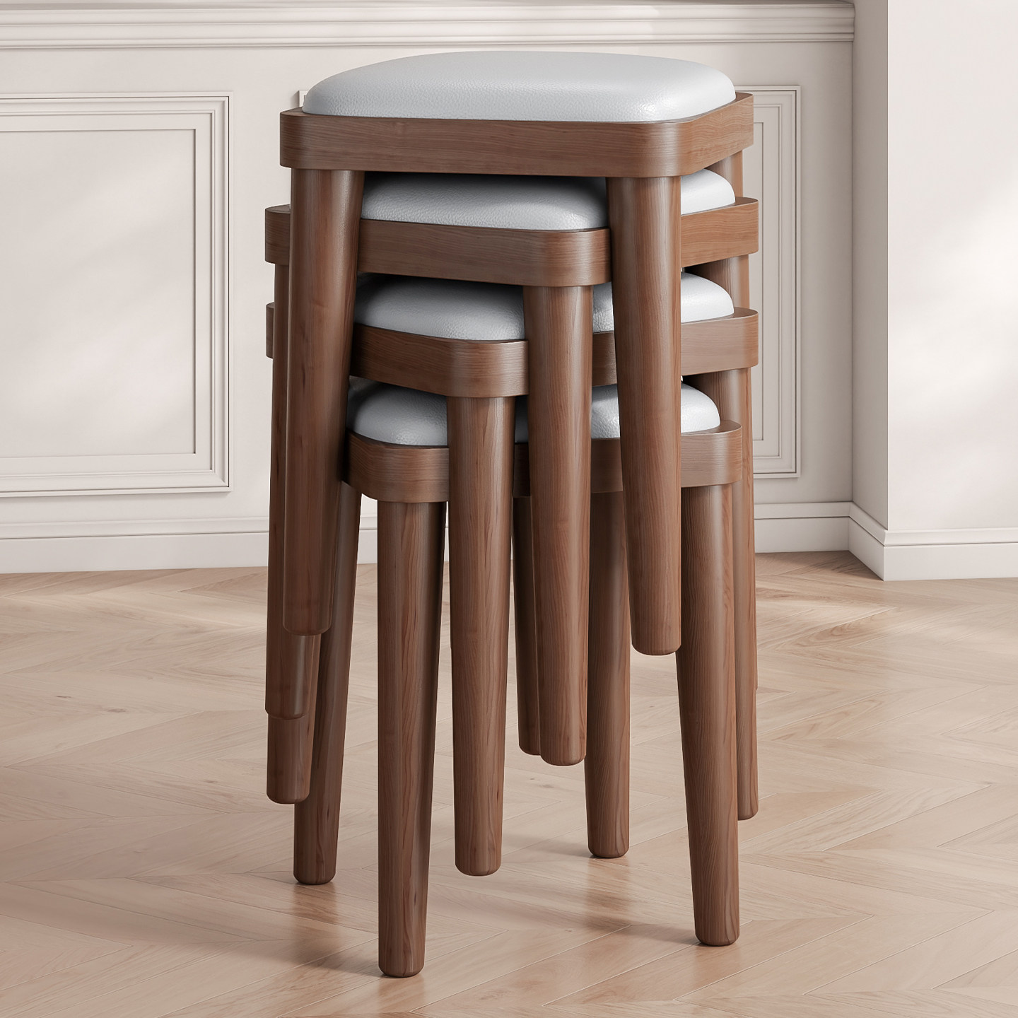 餐桌椅子实木凳子家用可叠放软包板凳客厅木头矮凳简约现代小方凳