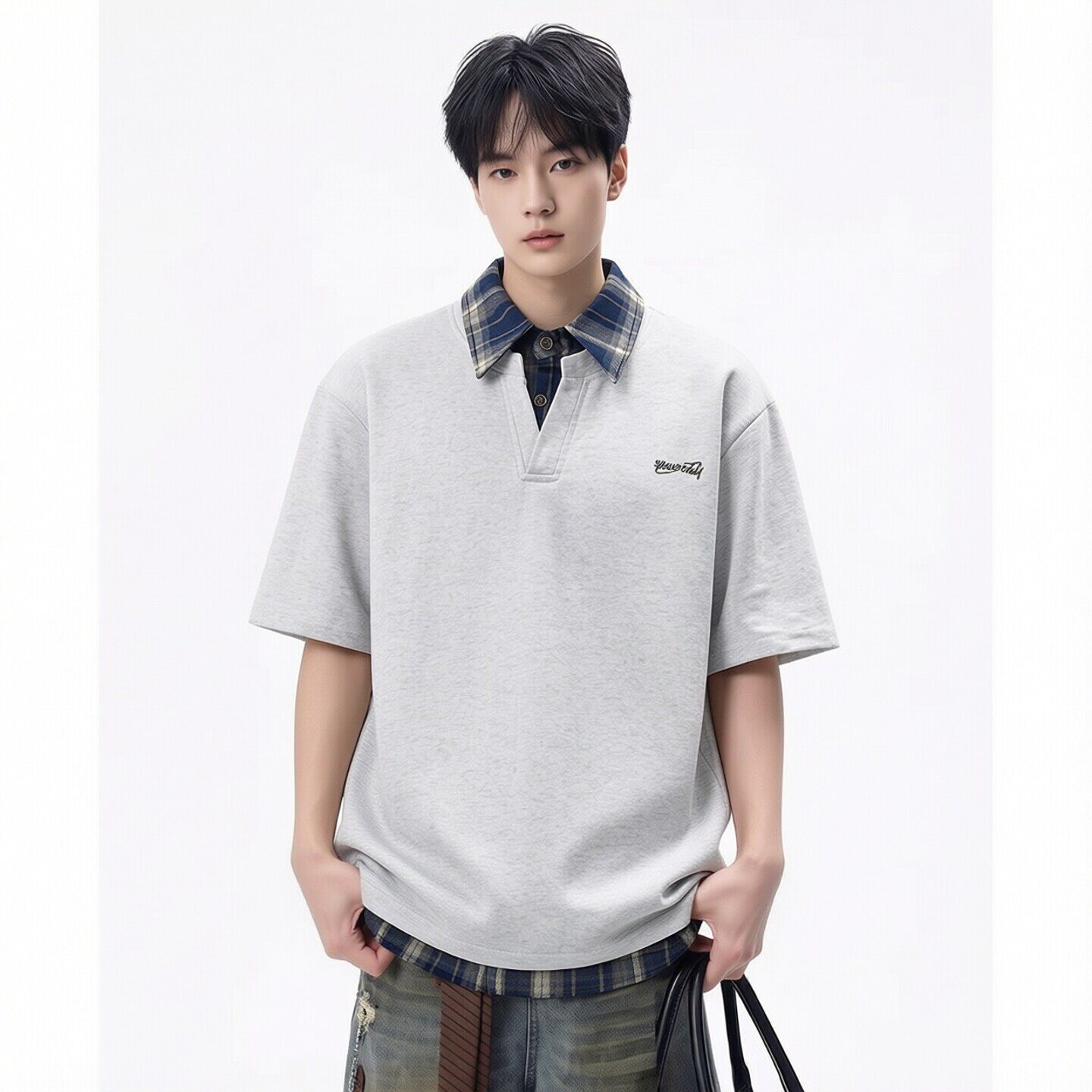 学院风假两件拼接短袖polo衫男撞色格纹翻领美式情侣夏装休闲上衣