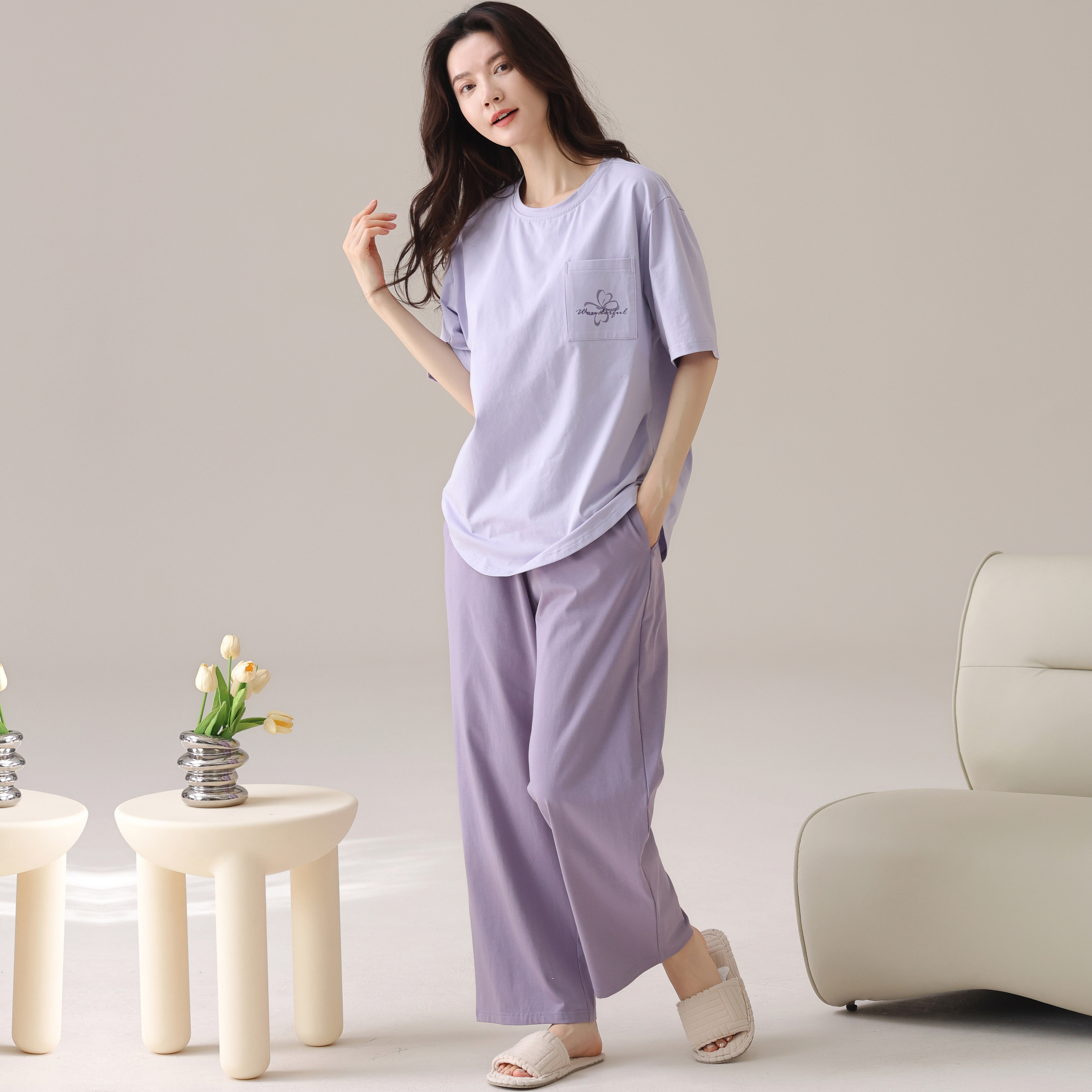 睡衣女夏棉莫短袖长裤空调服薄款宽松加肥大码青年妈妈家居服套装