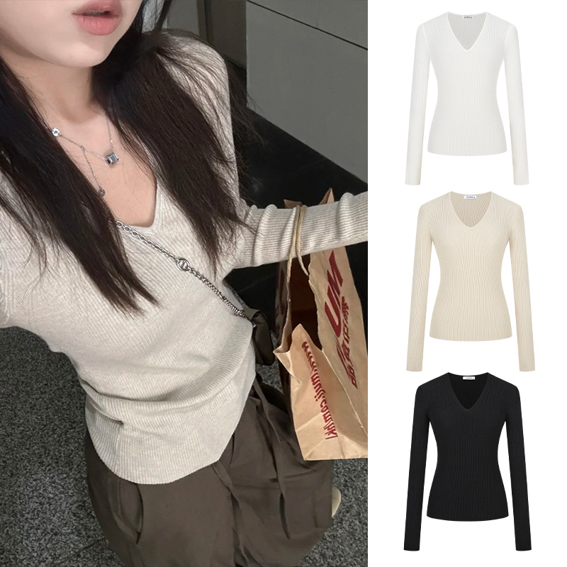 MosesQueen魔西女王奶茶色V领针织衫修身显瘦百搭气质长袖上衣