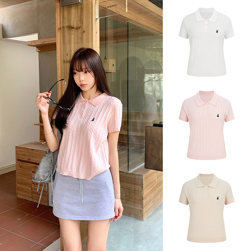 MosesQueen魔西女王粉色刺绣翻领麻花针织短袖t恤polo领正肩上衣