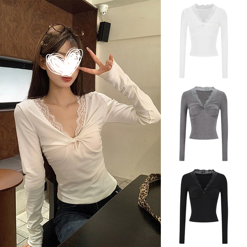 MosesQueen魔西女王白色蕾丝花边长袖女秋季新款修身打底衫上衣女