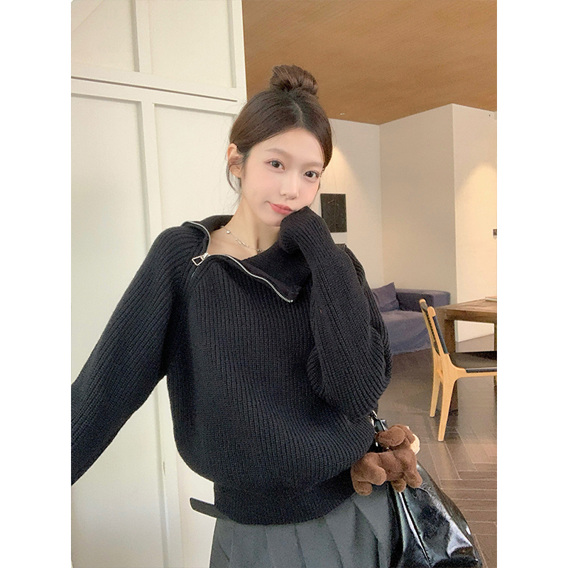 不规则立领毛衣女新款斜拉链上衣