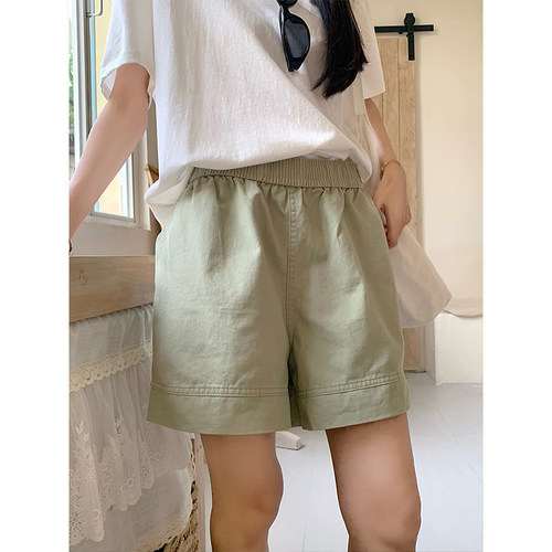 MosesQueen魔西女王绿色纯棉宽松短裤夏季新款高腰百搭休闲阔腿裤