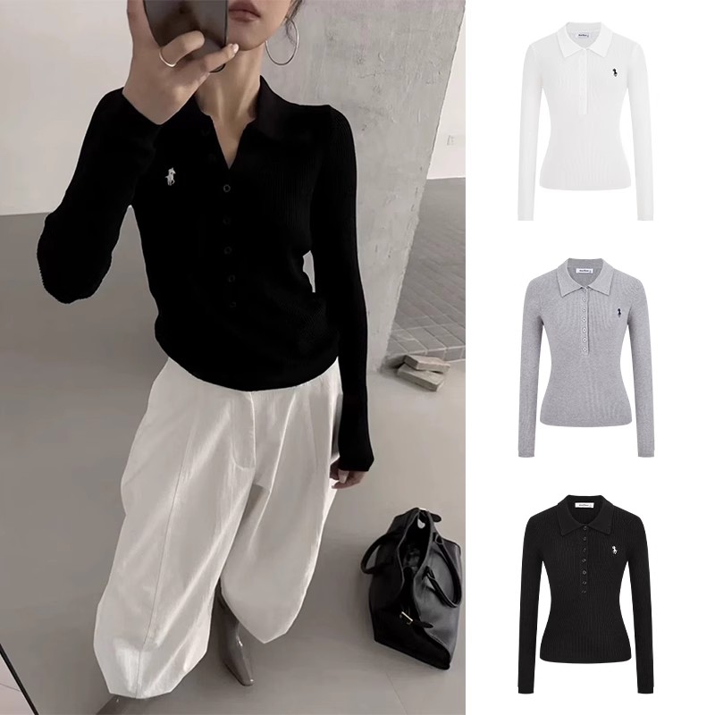 MosesQueen魔西女王灰色老钱风Polo领长袖衫气质显瘦纯色针织衫