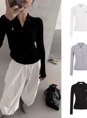 MosesQueen魔西女王灰色老钱风Polo领长袖衫气质显瘦纯色针织衫