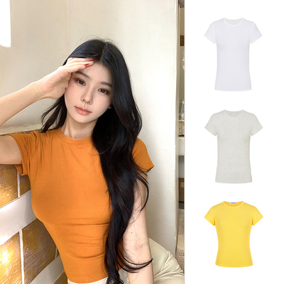 MosesQueen魔西女王弹力正肩T恤女夏季显瘦收腰短袖圆领上衣