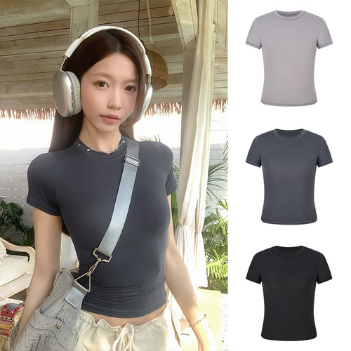 MosesQueen魔西女王速干运动风正肩短袖T恤辣妹修身瑜伽服上衣