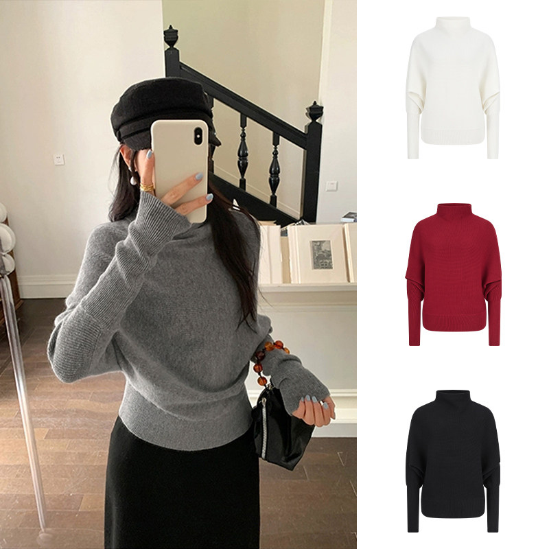 MosesQueen魔西女王灰色高领堆堆领针织衫秋冬显瘦内搭毛衣长袖