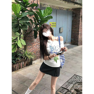 MosesQueen魔西女王白色斜肩短袖T恤夏季丘比特印花辣妹显瘦上衣