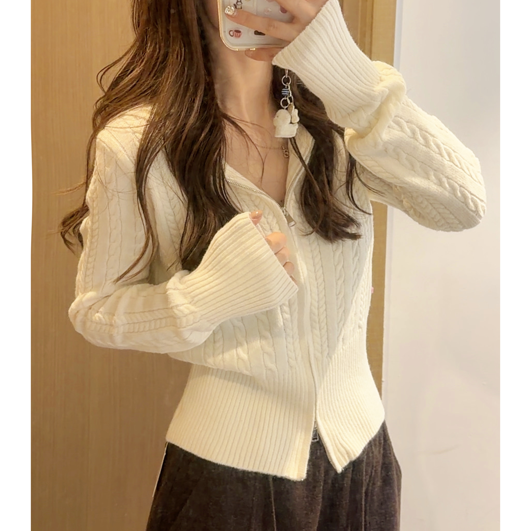 MosesQueen魔西女王温柔风麻花连帽针织开衫慵懒双拉链毛衣外套