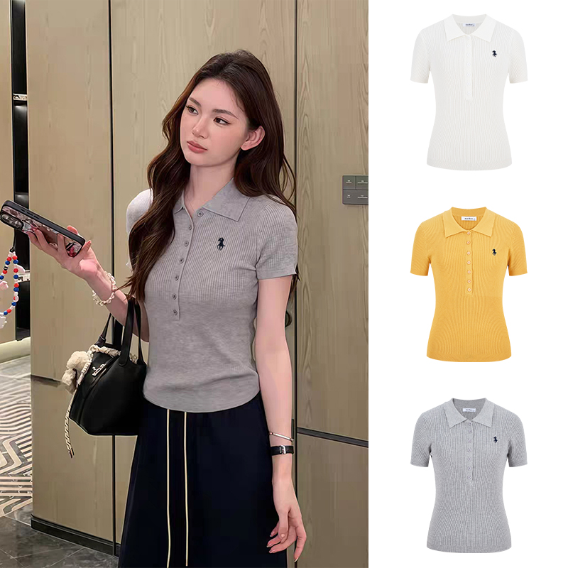 MosesQueen魔西女王灰色Polo领短袖T恤新款刺绣修身显瘦上衣夏女