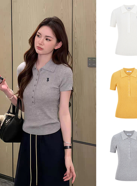 MosesQueen魔西女王灰色Polo领短袖T恤新款刺绣修身显瘦上衣夏女