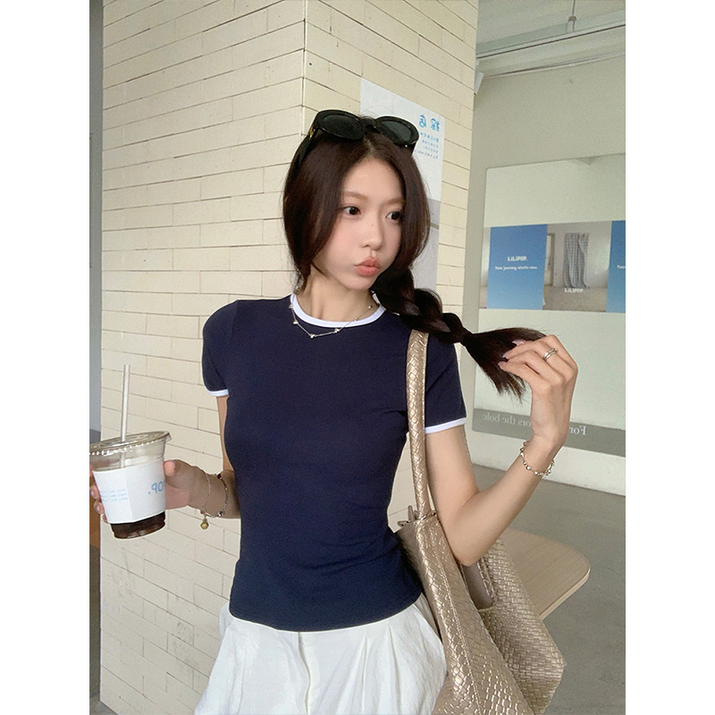 MosesQueen魔西女王美式拼接短袖T恤2025新款修身显瘦圆领上衣女