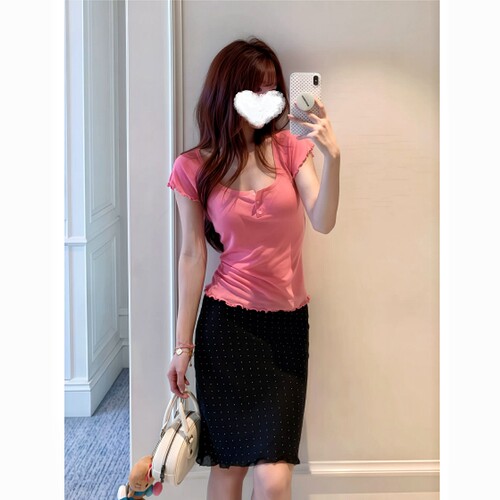 MosesQueen魔西女王u领花边修身短袖T恤女夏季辣妹纯色小飞袖上衣