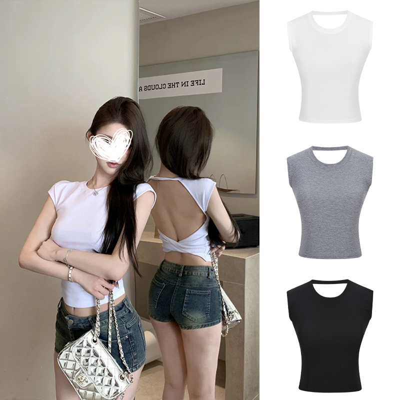 MosesQueen魔西女王交叉镂空后背短袖t恤夏纯欲性感露背短款上衣